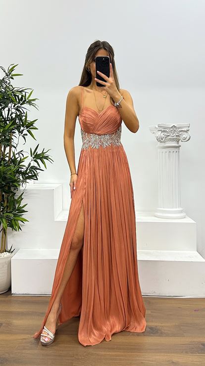 Rose Rope Strap Waist Detail Evening Dress