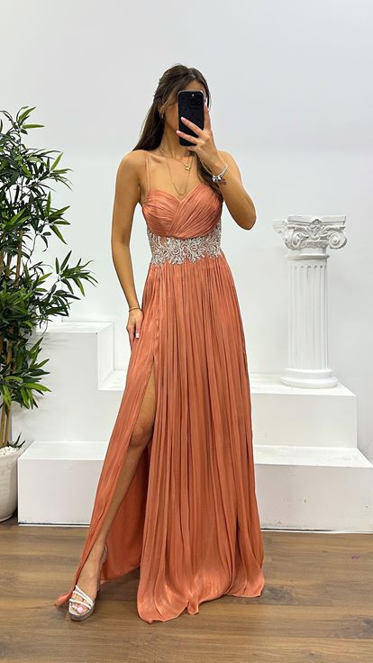 Rose Rope Strap Waist Detail Evening Dress