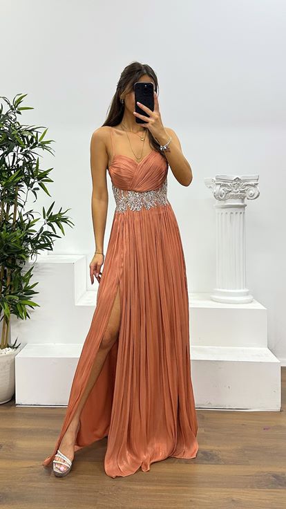 Rose Rope Strap Waist Detail Evening Dress
