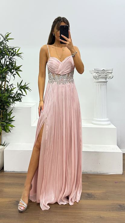 Powder Rope Strap Waist Detail Evening Dress