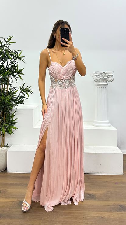 Powder Rope Strap Waist Detail Evening Dress