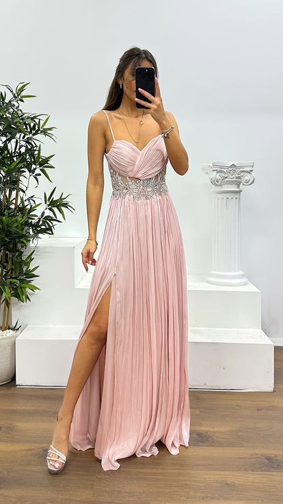 Powder Rope Strap Waist Detail Evening Dress