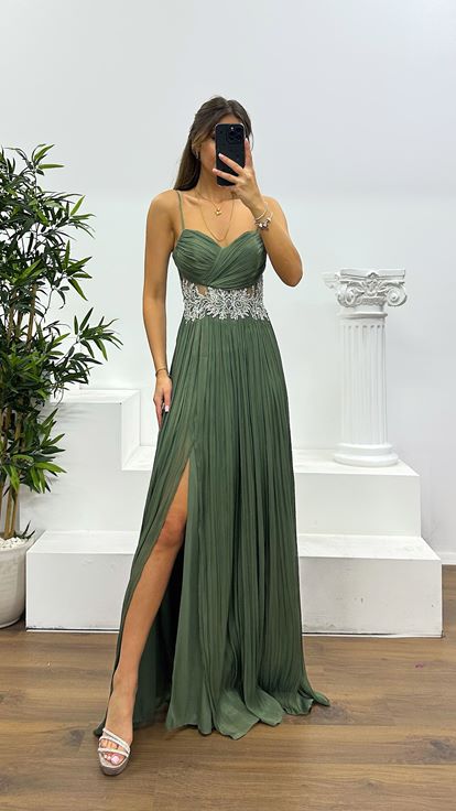 Khaki Rope Strap Waist Detail Evening Dress