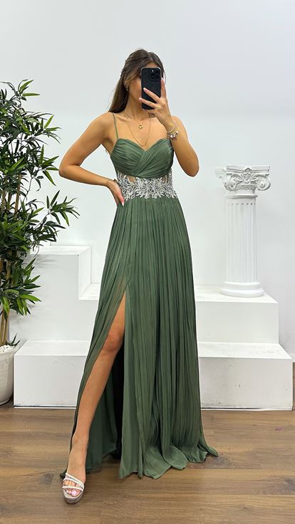 Khaki Rope Strap Waist Detail Evening Dress