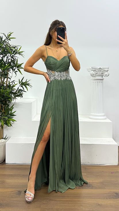 Khaki Rope Strap Waist Detail Evening Dress