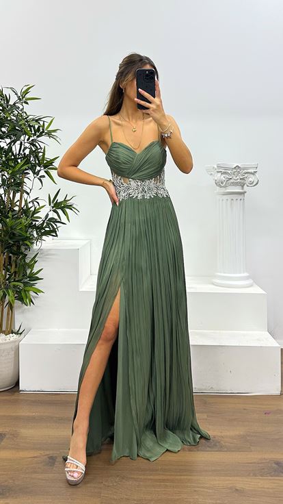 Khaki Rope Strap Waist Detail Evening Dress