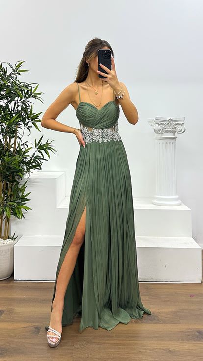 Khaki Rope Strap Waist Detail Evening Dress