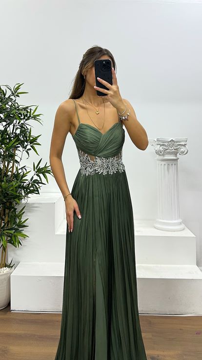 Khaki Rope Strap Waist Detail Evening Dress