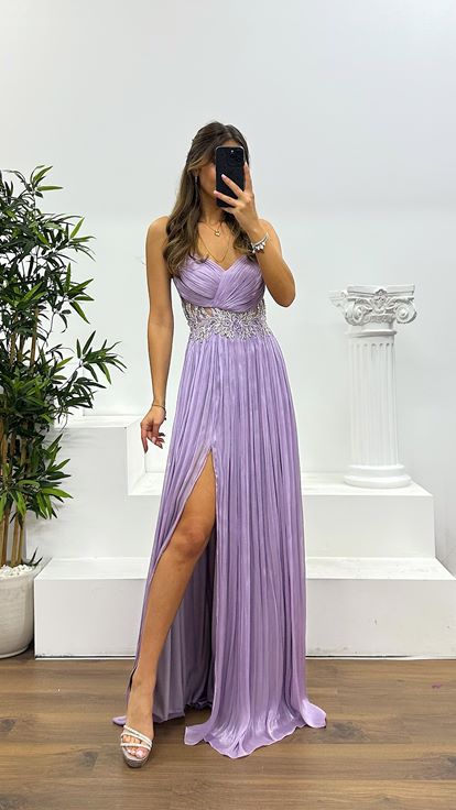 Lilac Rope Strap Waist Detail Evening Dress