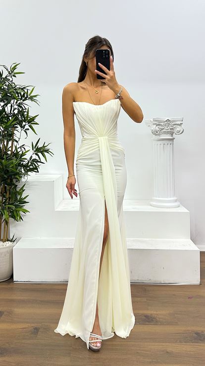 Bone Strapless Evening Dress