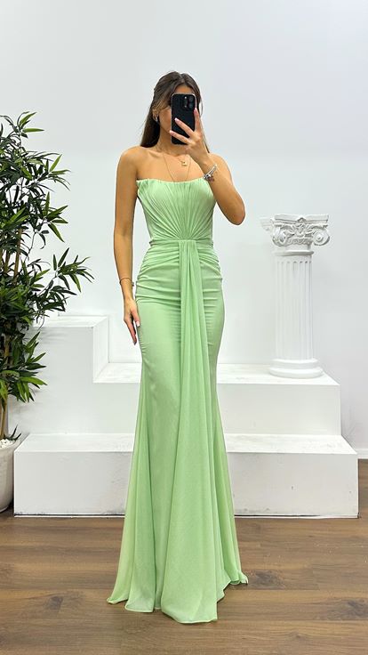 Mint Straplez Abiye Elbise