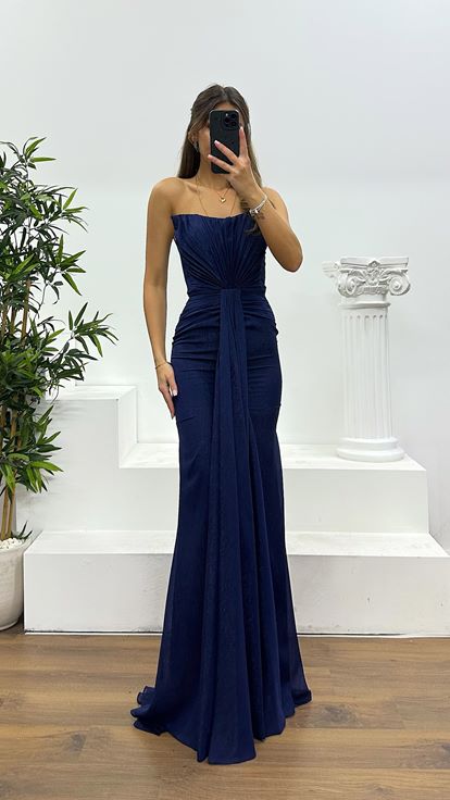 Lacivert Straplez Abiye Elbise