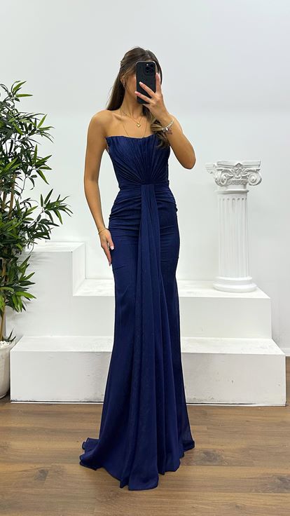 Lacivert Straplez Abiye Elbise
