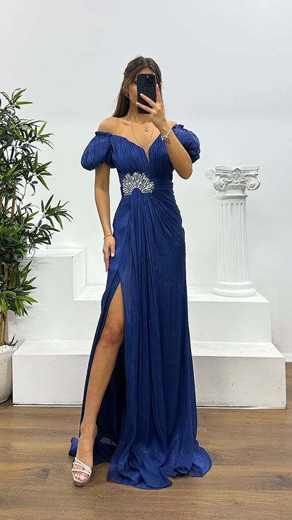 Lacivert Balon Kol Taş Detay Abiye Elbise