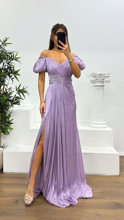 Lila Balon Kol Taş Detay Abiye Elbise