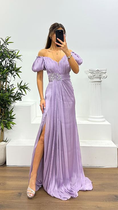 Lila Balon Kol Taş Detay Abiye Elbise