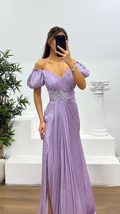 Lila Balon Kol Taş Detay Abiye Elbise