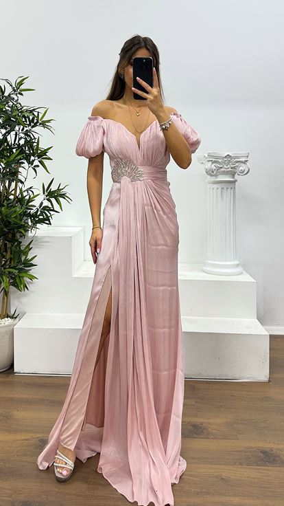 Pudra Balon Kol Taş Detay Abiye Elbise