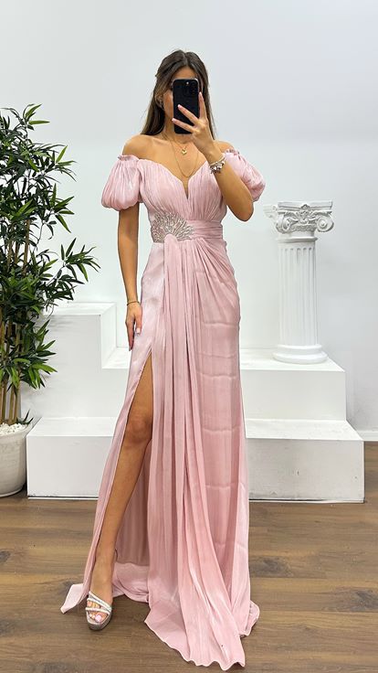 Pudra Balon Kol Taş Detay Abiye Elbise