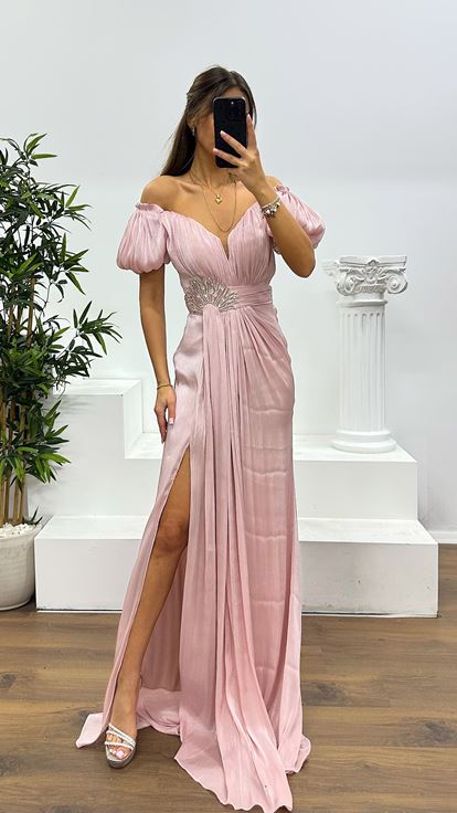 Pudra Balon Kol Taş Detay Abiye Elbise