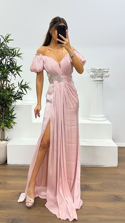 Pudra Balon Kol Taş Detay Abiye Elbise