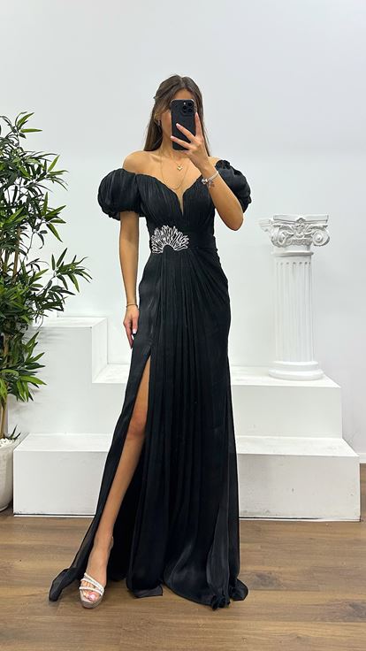 Siyah Balon Kol Taş Detay Abiye Elbise