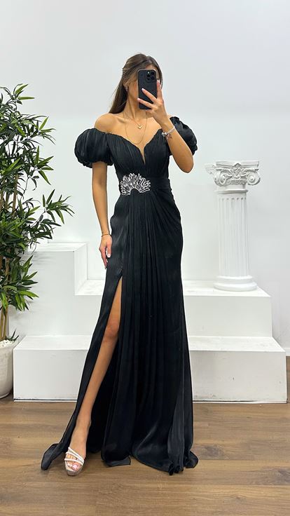 Siyah Balon Kol Taş Detay Abiye Elbise