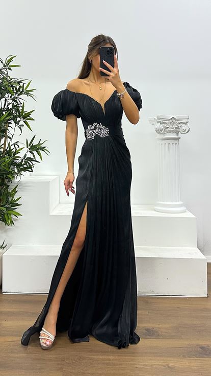 Siyah Balon Kol Taş Detay Abiye Elbise