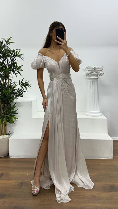 Taş Balon Kol Taş Detay Abiye Elbise