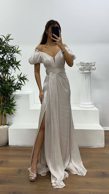 Taş Balon Kol Taş Detay Abiye Elbise