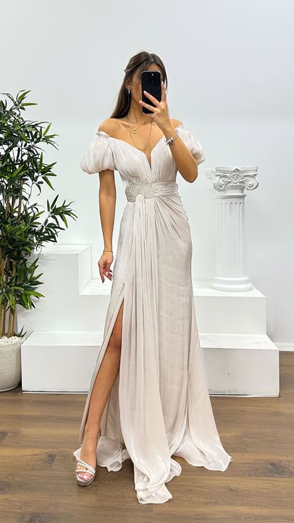 Taş Balon Kol Taş Detay Abiye Elbise