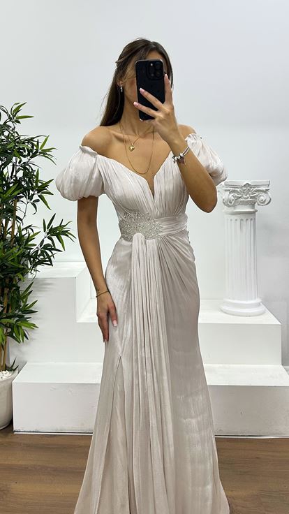 Taş Balon Kol Taş Detay Abiye Elbise