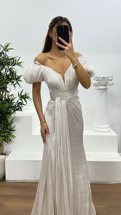 Taş Balon Kol Taş Detay Abiye Elbise