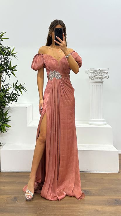 Rose Balon Kol Taş Detay Abiye Elbise