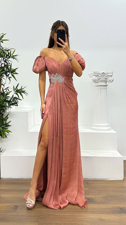 Rose Balon Kol Taş Detay Abiye Elbise