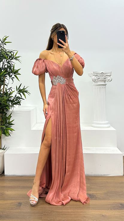 Rose Balon Kol Taş Detay Abiye Elbise