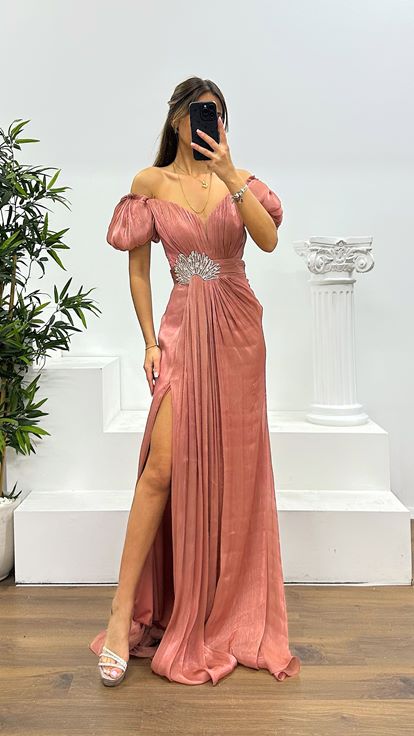 Rose Balon Kol Taş Detay Abiye Elbise