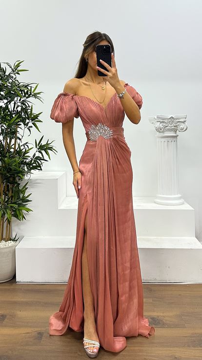 Rose Balon Kol Taş Detay Abiye Elbise