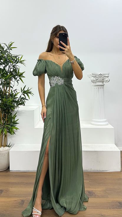 Haki Balon Kol Taş Detay Abiye Elbise