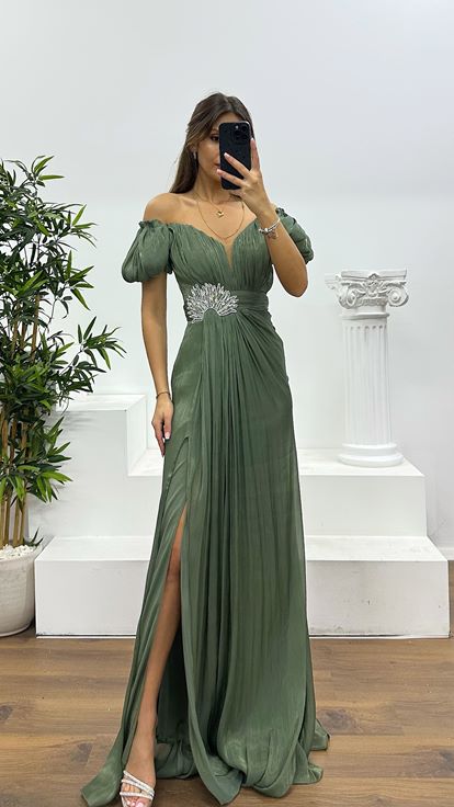 Haki Balon Kol Taş Detay Abiye Elbise