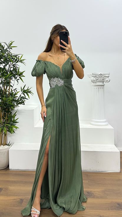 Haki Balon Kol Taş Detay Abiye Elbise