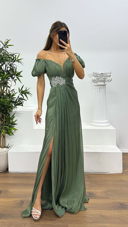 Haki Balon Kol Taş Detay Abiye Elbise