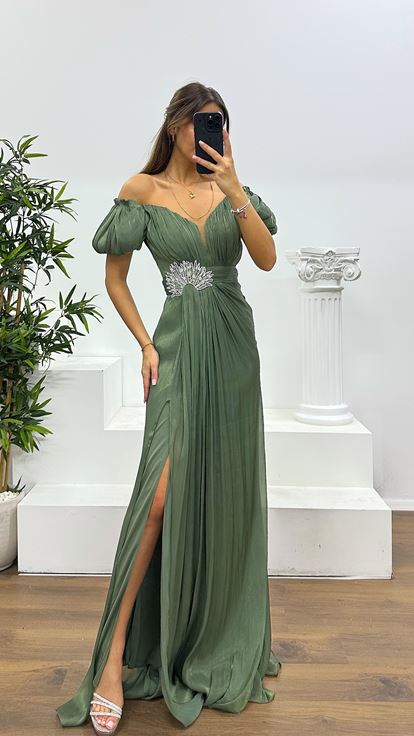 Haki Balon Kol Taş Detay Abiye Elbise