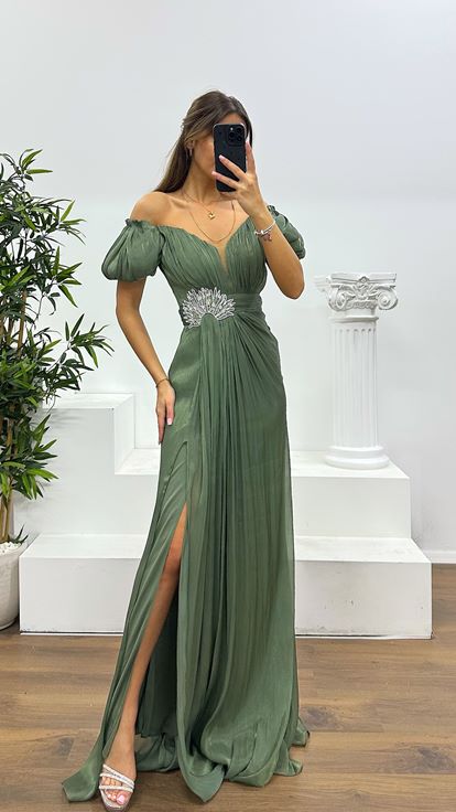 Haki Balon Kol Taş Detay Abiye Elbise