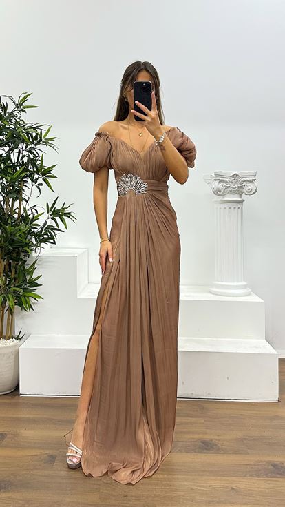 Kahve Balon Kol Taş Detay Abiye Elbise