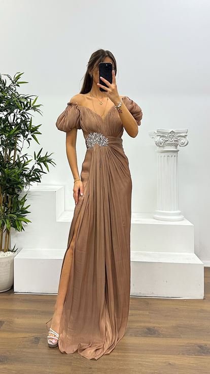 Kahve Balon Kol Taş Detay Abiye Elbise