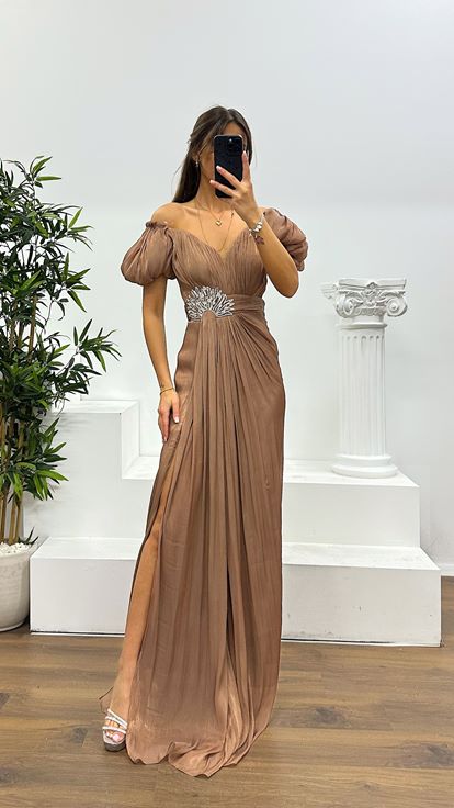 Kahve Balon Kol Taş Detay Abiye Elbise