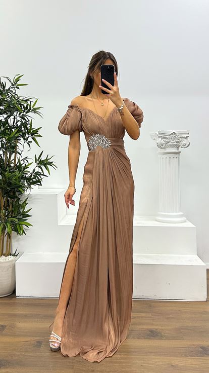 Kahve Balon Kol Taş Detay Abiye Elbise