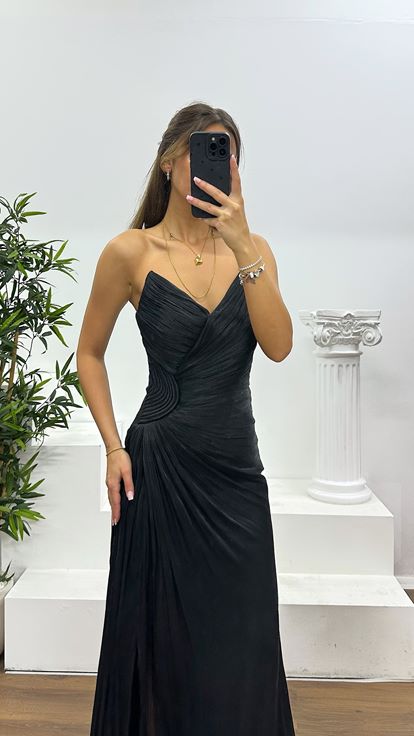 Siyah Straplez Şifon Abiye Elbise