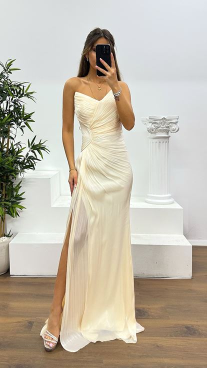 Bej Straplez Şifon Abiye Elbise